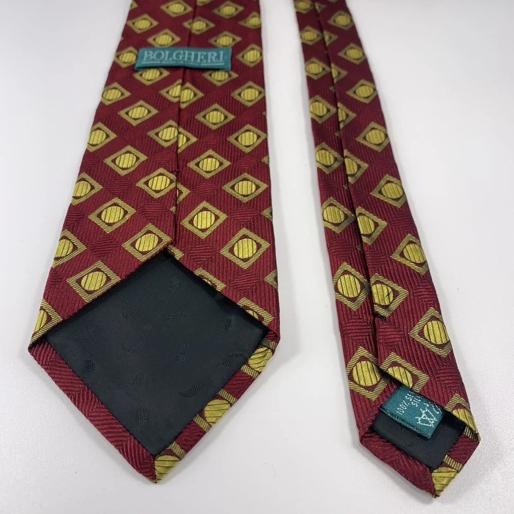 Bolgheri of Italy Mens Tie Crimson Maroon w Gold Geometric Design 100% Silk Repp